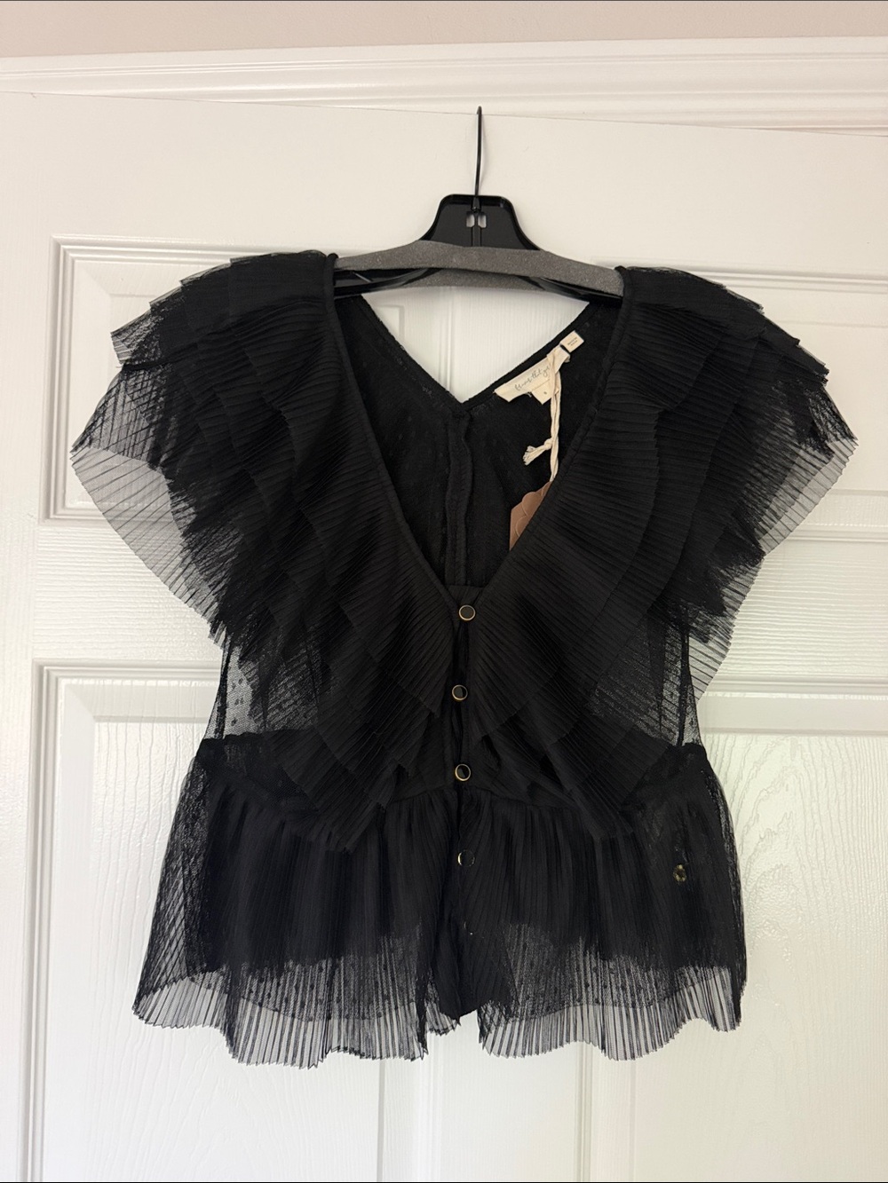 Anthropologie Black Pleated Ruffle Sheer Button-Front Top